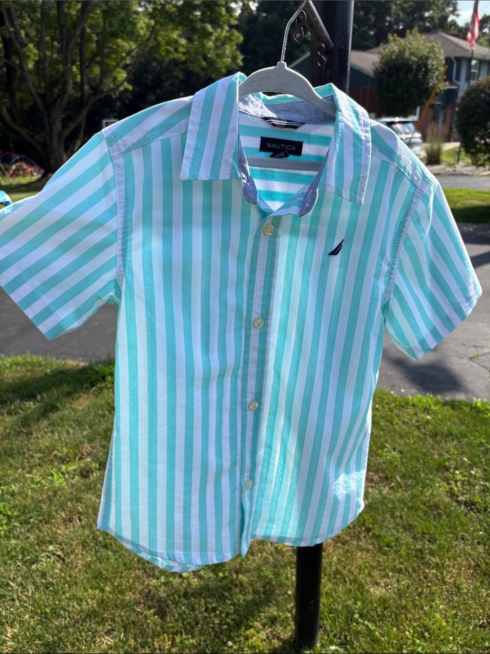 Nautica Boys Aqua & White Vertical Stripe Short-Sleeve Button-Down